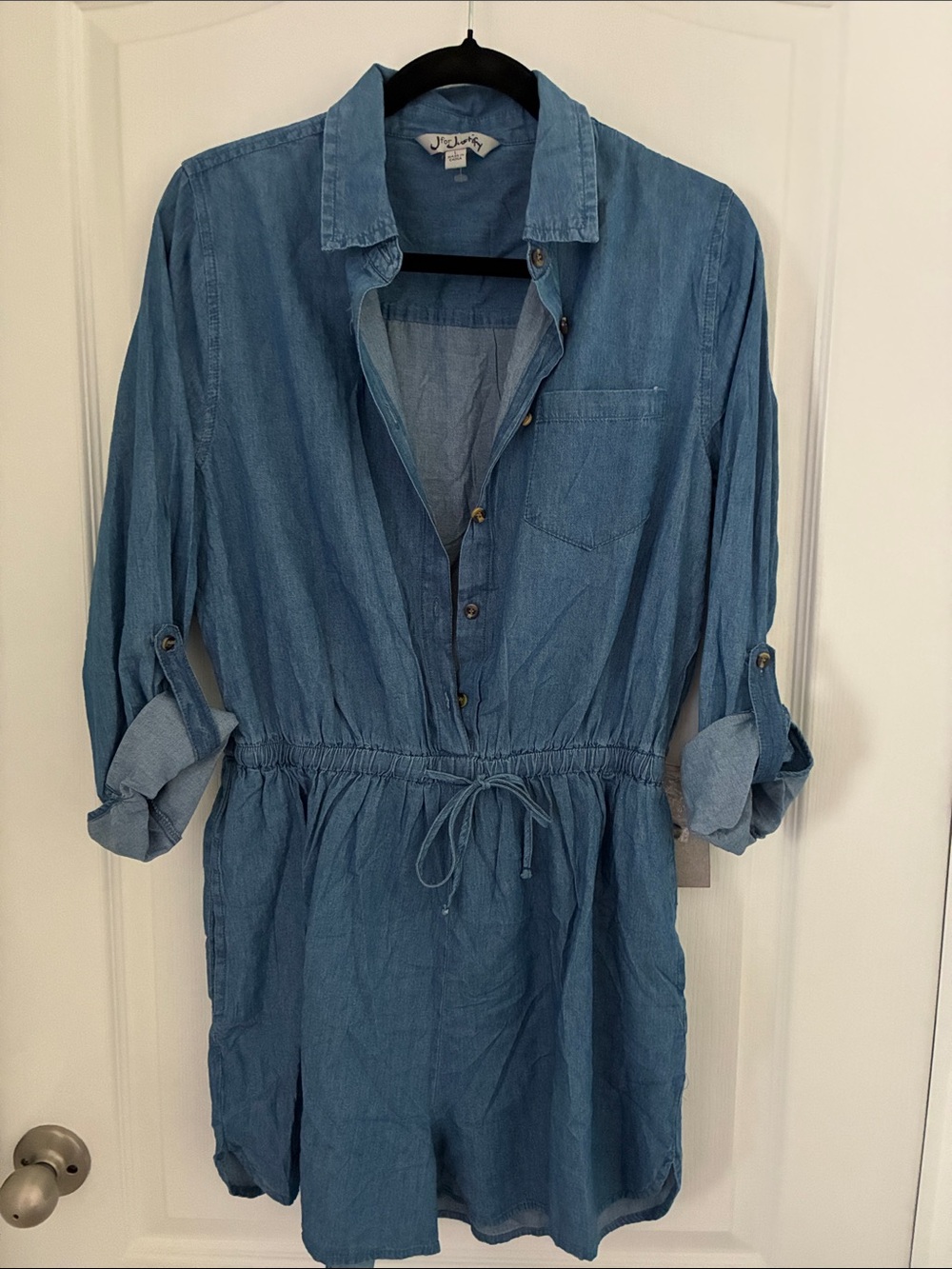 J for Justify Denim-Look Light Blue Button-Front Romper Shirt